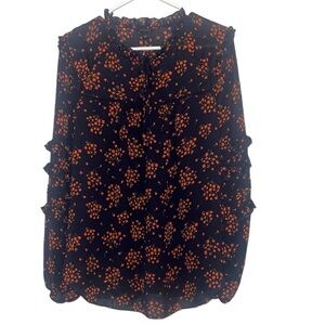ANN TAYLOR Women's Navy Blue Orange Floral Ruffle Trim Long Sleeve top size M